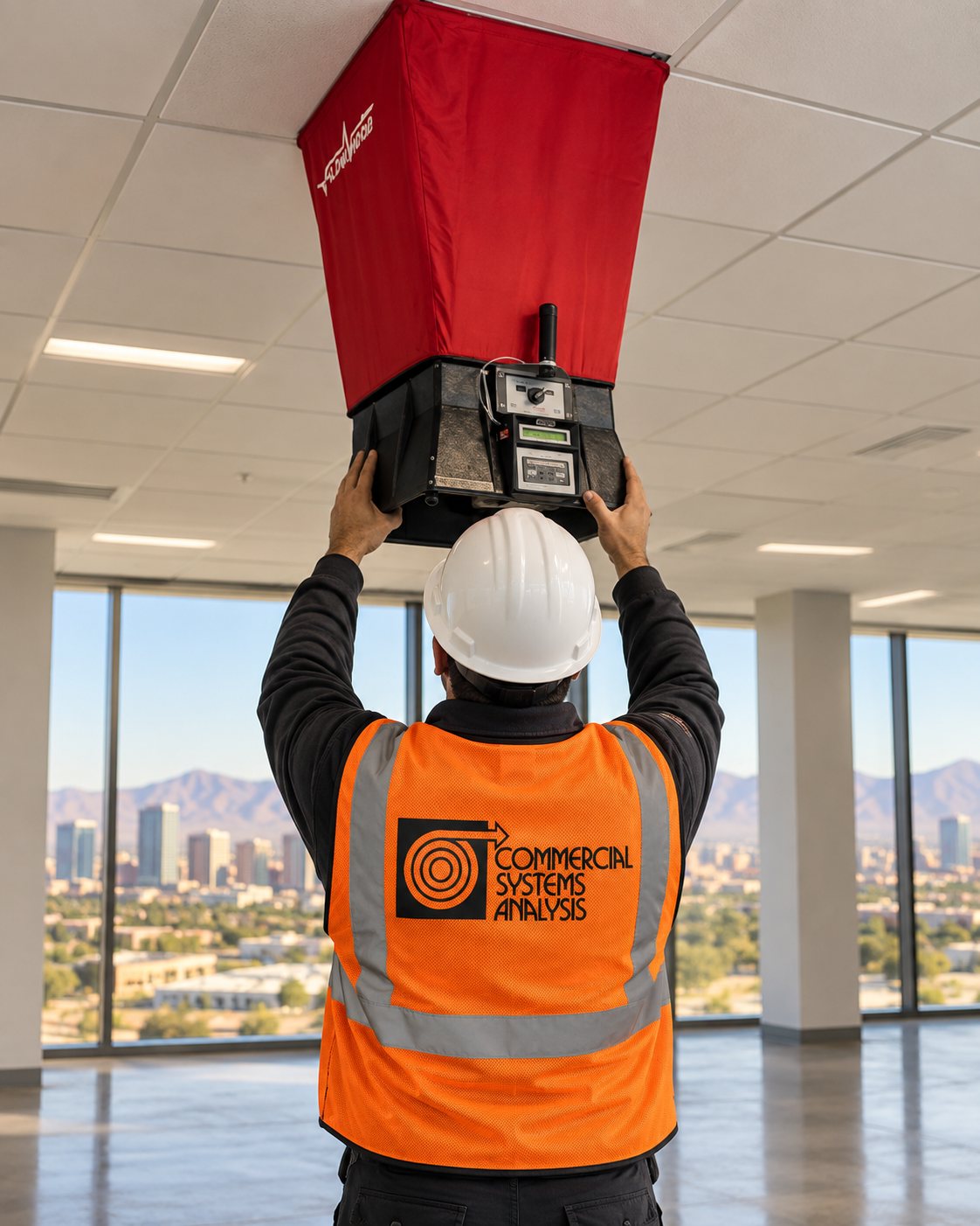 CSA technician measuring airflow at a ceiling diffuser with a capture hood